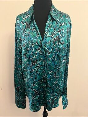 Cache Teal Satin Snake-Print Blouse
